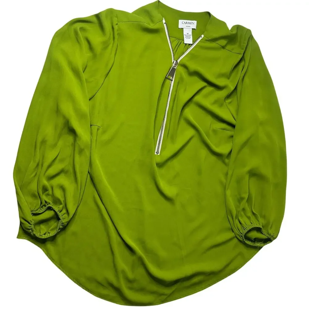 Carmen Marc Valvo Woman Green Blouse 3X Minimalist Zip Front Top - Picture 2 of 13